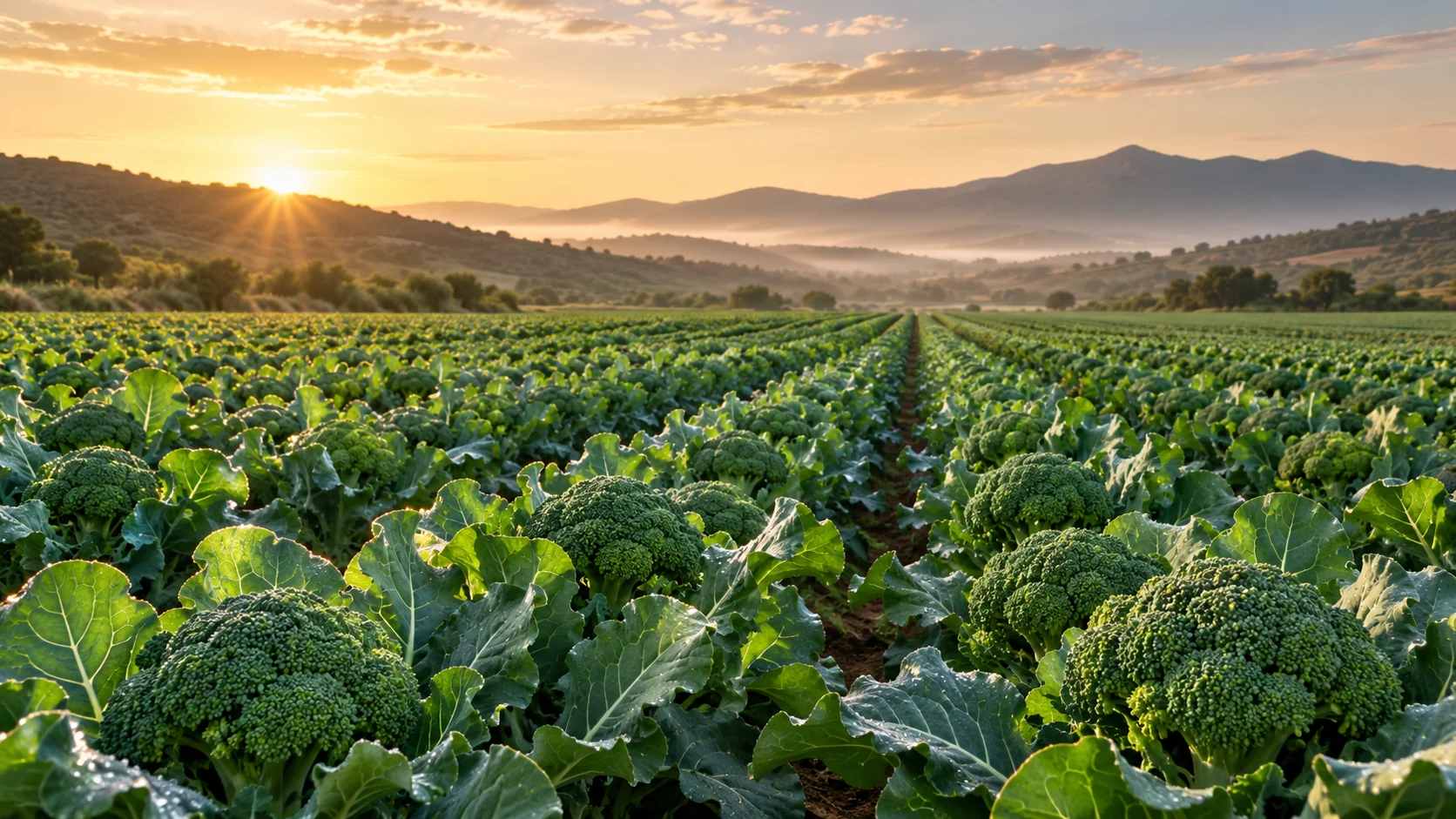 Campo de brócoli con hileras cuidadas al amanecer