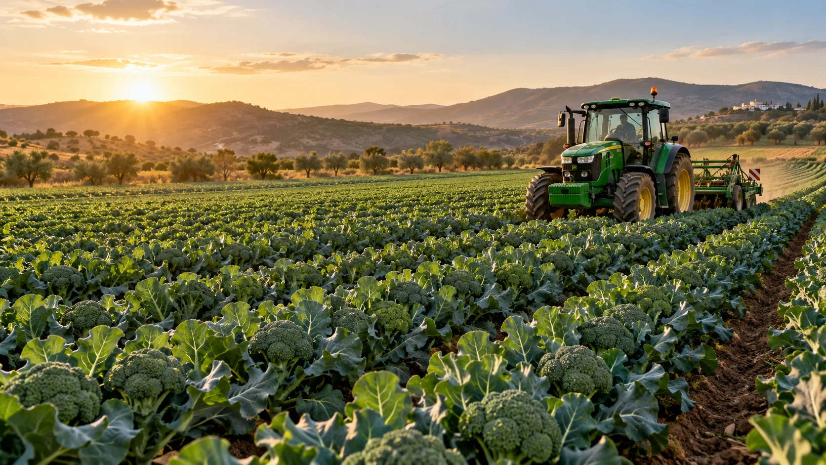 Tractor trabajando entre hileras de cultivo